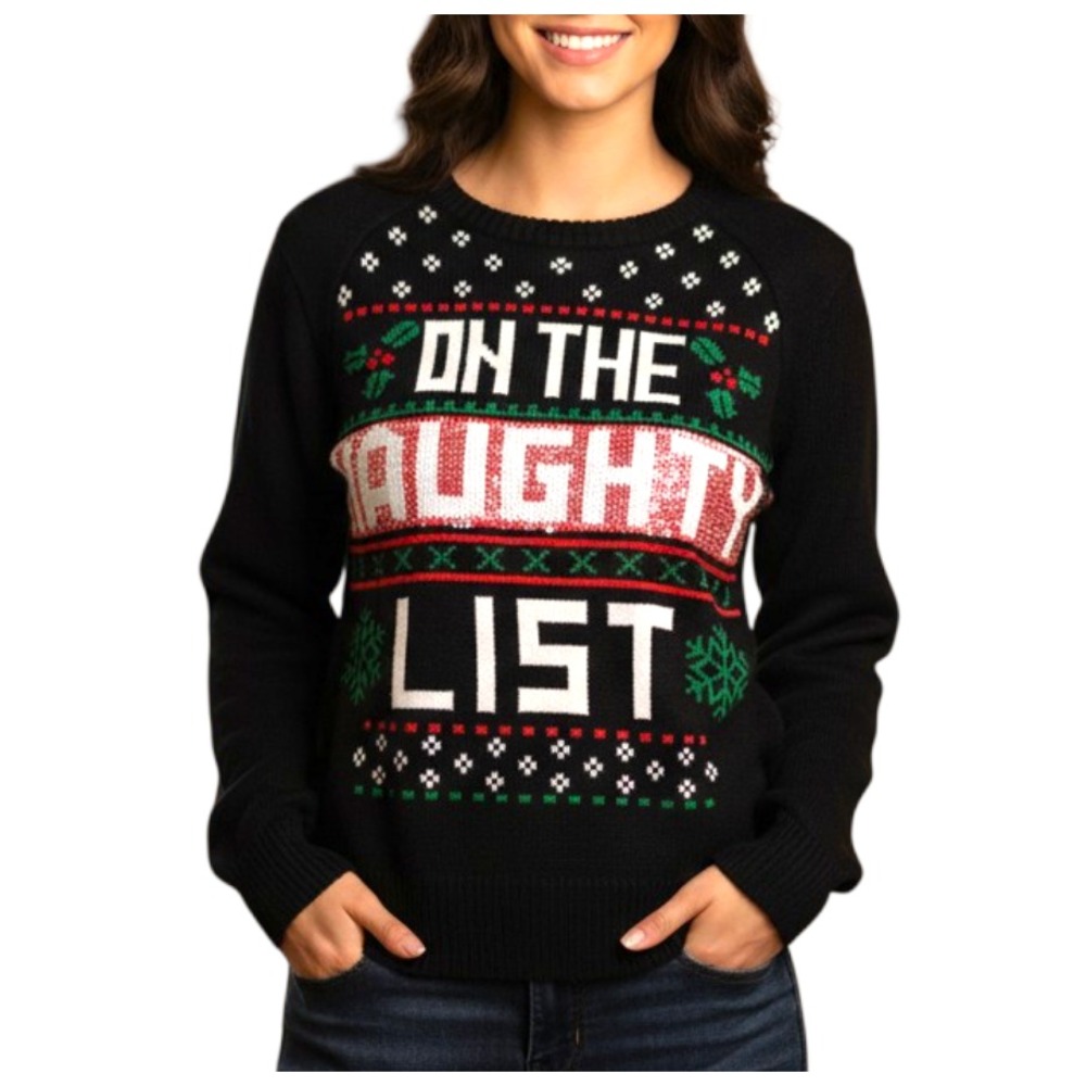 CHRISTMAS SWEATER Flip Sequins ON THE NICE/NAUGHTY LIST Black Fair Isle SIZE M